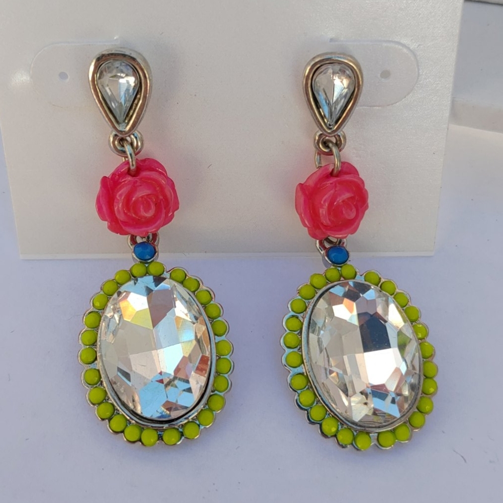 2/$10 or 4/$15 Drop Earrings Rose Lime Green Trim Stone